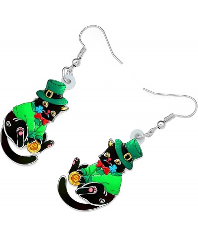 Acrylic St. Patrick's Day Green Hat Cat Earrings Kitten Dangle Jewelry Clover Cat Gifts for Cat Lovers Women Girls Black $7.6...