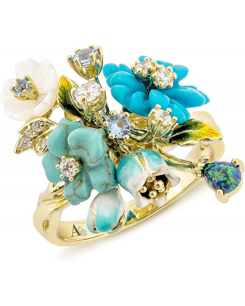 Womens 925 Silver Elegant Flower Multi Gemstones Band Ring Turquoise $24.19 Rings