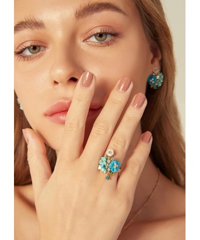 Womens 925 Silver Elegant Flower Multi Gemstones Band Ring Turquoise $24.19 Rings