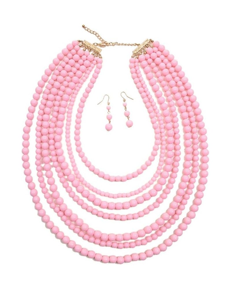 JY Fashion 7 Strand Layered Bead Luxury Costume Necklace Set Light Pink $10.31 Jewelry Sets