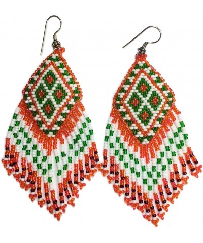 Southwestern Geometric Pattern Glass Seed Beaded Earrings Handmade Orange Green $10.00 Earrings