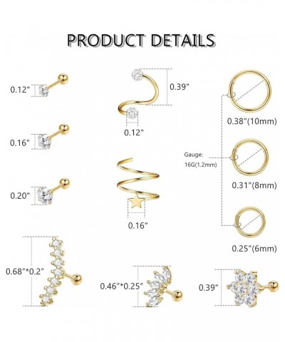 Cartilage Earring 11Pcs 16G 18G Stainless Steel Cartilage Earrings Stud Hoops Conch Forward Helix Earrings Tragus Daith Pierc...