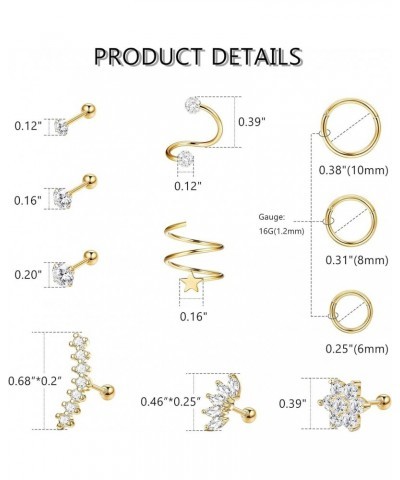 Cartilage Earring 11Pcs 16G 18G Stainless Steel Cartilage Earrings Stud Hoops Conch Forward Helix Earrings Tragus Daith Pierc...