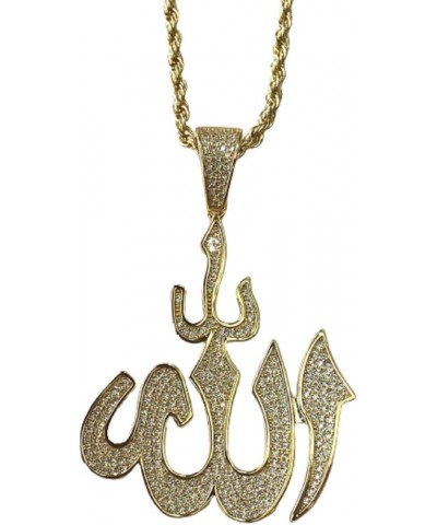 God Allah Men Women 925 Italy Gold Finish Iced Silver Charm Ice Out Pendant Stainless Steel Real 2 mm Rope Chain Necklace, Ma...