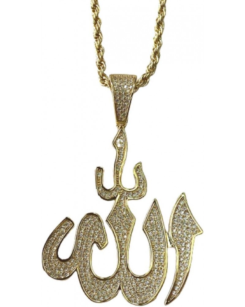 God Allah Men Women 925 Italy Gold Finish Iced Silver Charm Ice Out Pendant Stainless Steel Real 2 mm Rope Chain Necklace, Ma...