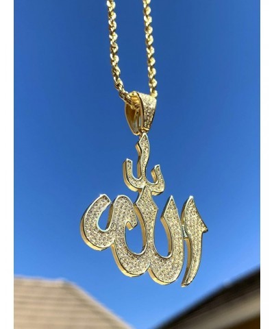 God Allah Men Women 925 Italy Gold Finish Iced Silver Charm Ice Out Pendant Stainless Steel Real 2 mm Rope Chain Necklace, Ma...