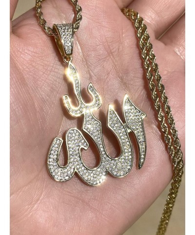 God Allah Men Women 925 Italy Gold Finish Iced Silver Charm Ice Out Pendant Stainless Steel Real 2 mm Rope Chain Necklace, Ma...