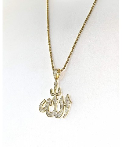 God Allah Men Women 925 Italy Gold Finish Iced Silver Charm Ice Out Pendant Stainless Steel Real 2 mm Rope Chain Necklace, Ma...