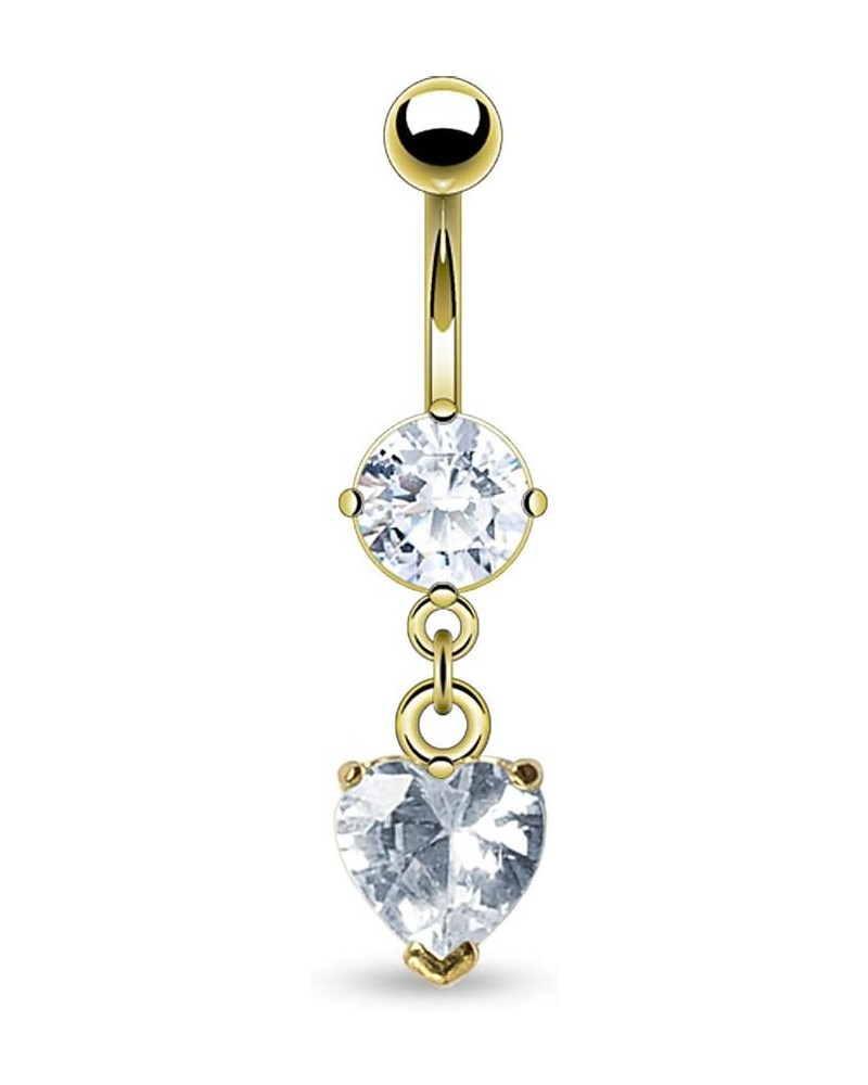 14kt Gold Plated Surgical Steel Clear CZ Dangle Belly Button Ring with Crystal Heart Charm $8.83 Body Jewelry