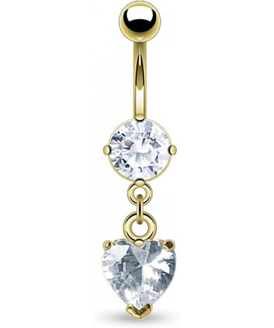 14kt Gold Plated Surgical Steel Clear CZ Dangle Belly Button Ring with Crystal Heart Charm $8.83 Body Jewelry