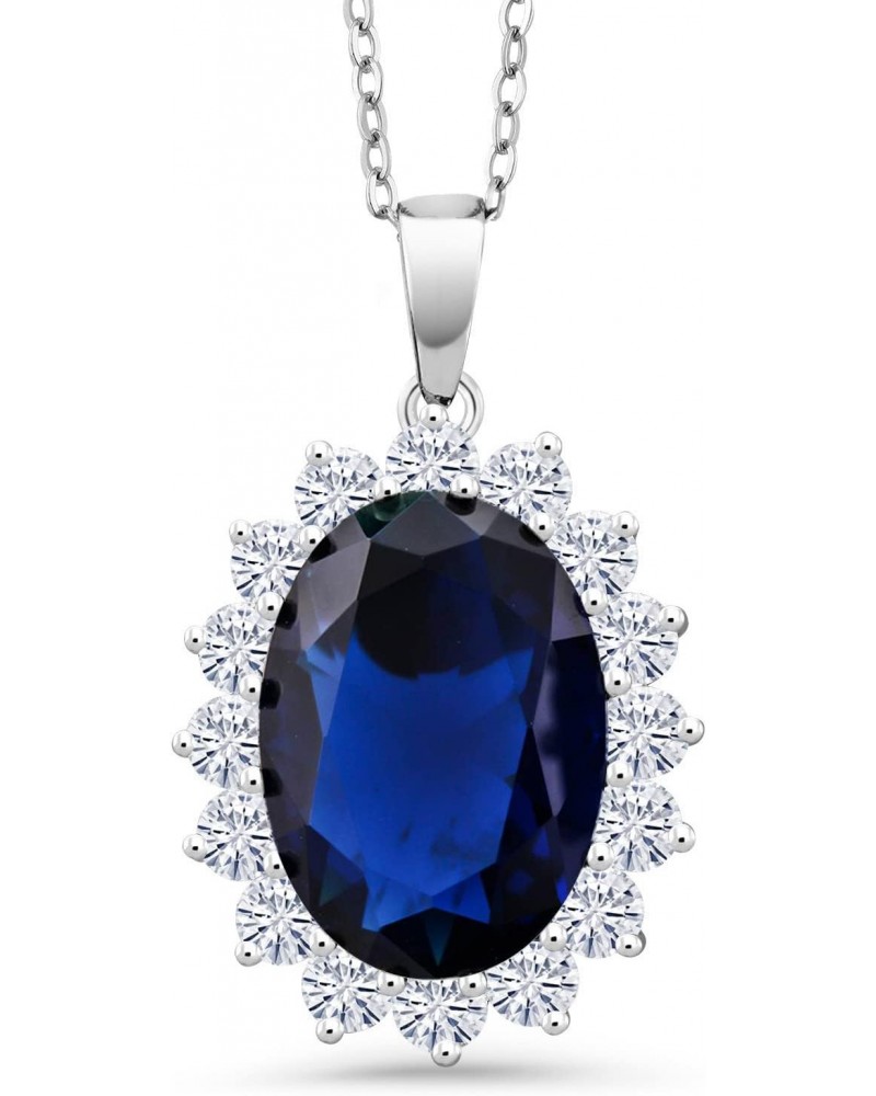 925 Sterling Silver Blue Simulated Sapphire Pendant Necklace For Women | 13.00 Cttw | Oval 13X18MM | with 18 Inch Silver Chai...