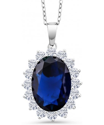 925 Sterling Silver Blue Simulated Sapphire Pendant Necklace For Women | 13.00 Cttw | Oval 13X18MM | with 18 Inch Silver Chai...