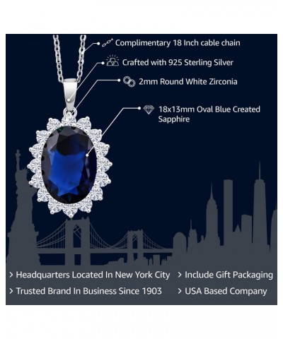 925 Sterling Silver Blue Simulated Sapphire Pendant Necklace For Women | 13.00 Cttw | Oval 13X18MM | with 18 Inch Silver Chai...