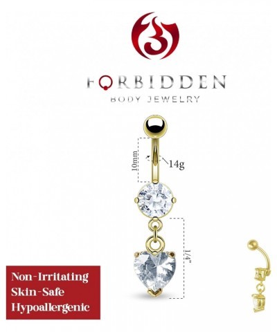 14kt Gold Plated Surgical Steel Clear CZ Dangle Belly Button Ring with Crystal Heart Charm $8.83 Body Jewelry