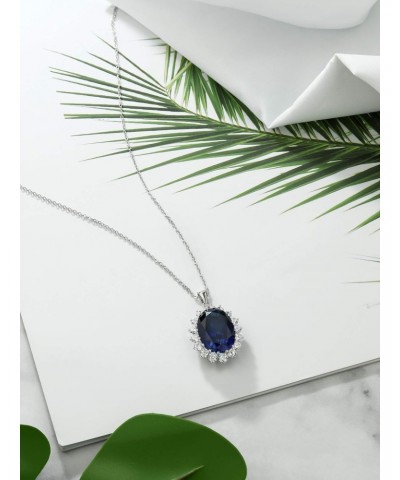 925 Sterling Silver Blue Simulated Sapphire Pendant Necklace For Women | 13.00 Cttw | Oval 13X18MM | with 18 Inch Silver Chai...