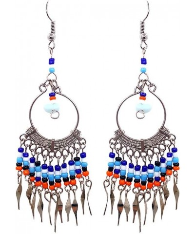 Native American Inspired Chip Stone Round Silver Metal Hoop Beaded Dangle Earrings - Womens Fashion Handmade Jewelry Tribal A...