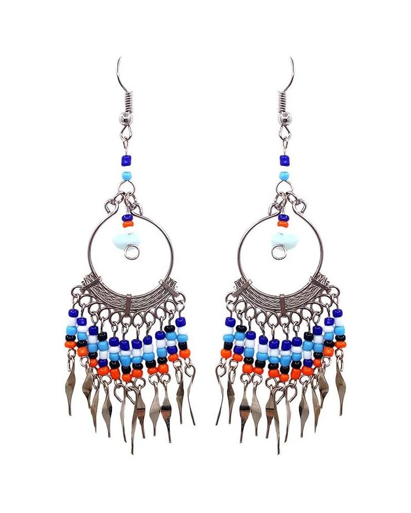 Native American Inspired Chip Stone Round Silver Metal Hoop Beaded Dangle Earrings - Womens Fashion Handmade Jewelry Tribal A...