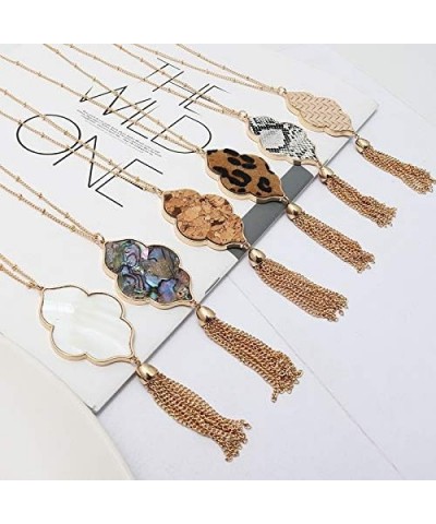 Gold Abalone Shell Druzy Stone Long Tassel Necklace Druzy Pendent Necklace Christmas Gift Quatrefoil - Beige leather $7.61 Ne...