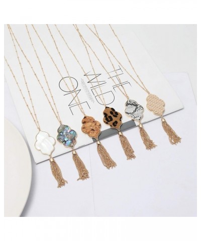 Gold Abalone Shell Druzy Stone Long Tassel Necklace Druzy Pendent Necklace Christmas Gift Quatrefoil - Beige leather $7.61 Ne...