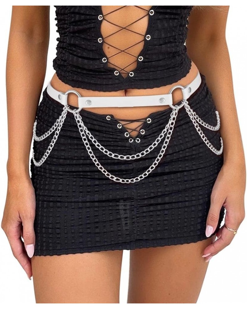 PU Leather Waist Chain Belt Punk Goth Rave Belts Accessories Belly Body Chain for Women and Girls White $10.00 Body Jewelry