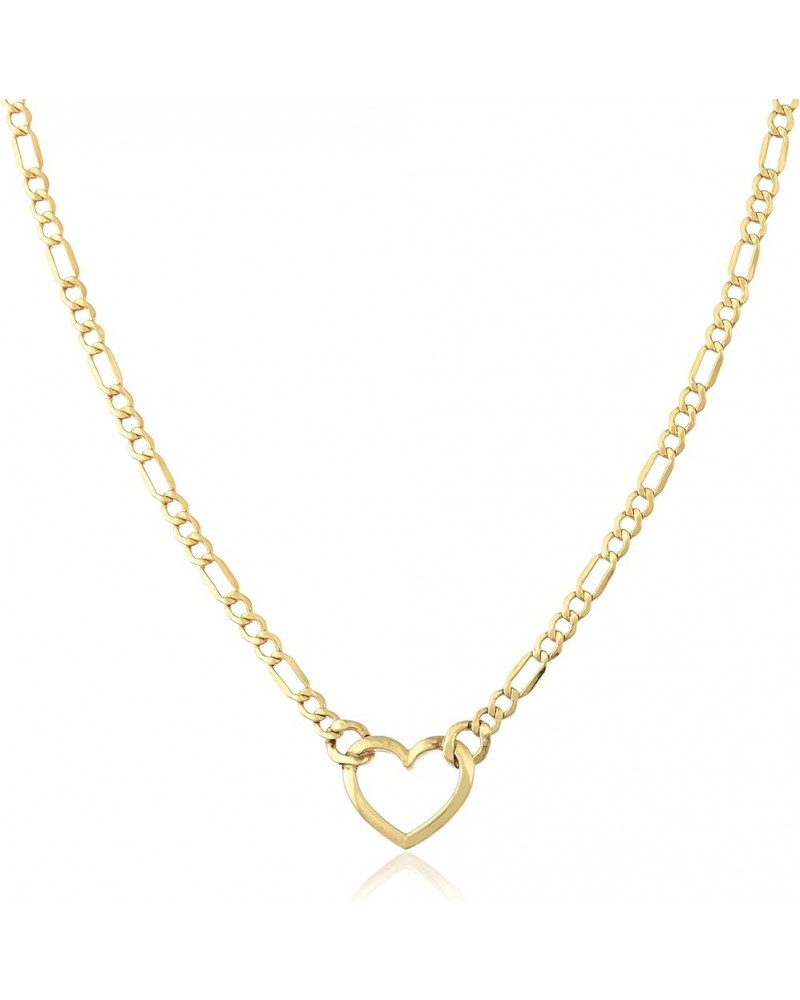 Gold Filled Figaro Heart Necklaces – 14K Yellow Gold Filled Heart Pendant with Solid Figaro Chain for Women with Different Si...