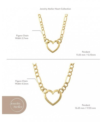 Gold Filled Figaro Heart Necklaces – 14K Yellow Gold Filled Heart Pendant with Solid Figaro Chain for Women with Different Si...