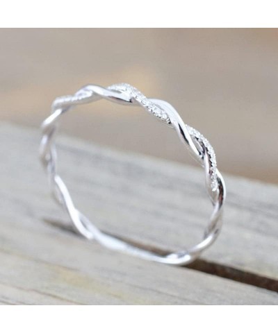 14K White Gold Plated Cubic Zirconia Twisted Rope Silver Ring Minimalism Stackable Intertwined Twist Band for Women Eternity ...