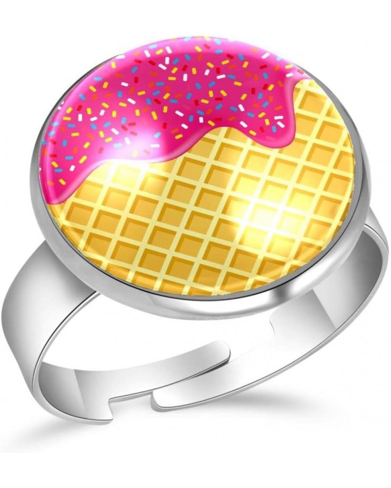 Strawberry Ice Cream Melted on Waffle Adjustable Rings for Women Girls, Stainless Steel Open Finger Rings Jewelry Gifts $11.0...