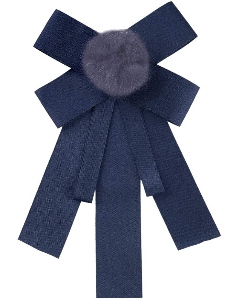 Women's Pre-tied Bowknot Pin Solid Color Neckties Elegant Faux Fur Ball Bow Tie Deep Blue $11.79 Brooches & Pins