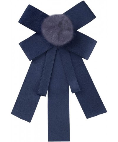 Women's Pre-tied Bowknot Pin Solid Color Neckties Elegant Faux Fur Ball Bow Tie Deep Blue $11.79 Brooches & Pins