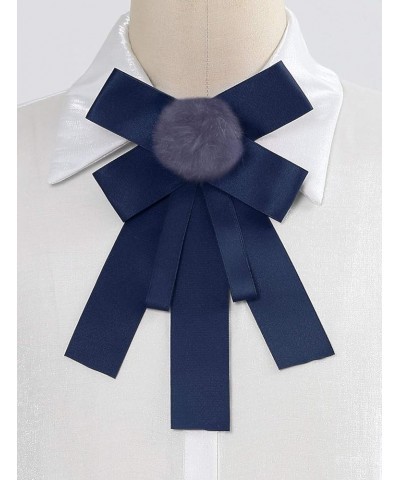 Women's Pre-tied Bowknot Pin Solid Color Neckties Elegant Faux Fur Ball Bow Tie Deep Blue $11.79 Brooches & Pins