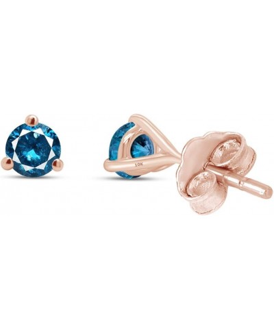 Round Blue Natural Diamond 3-prong Martini Stud Earrings (IGI Certified 0.30 ct & up) In 10k Solid Gold, (0.04-0.33 Cttw) Ros...