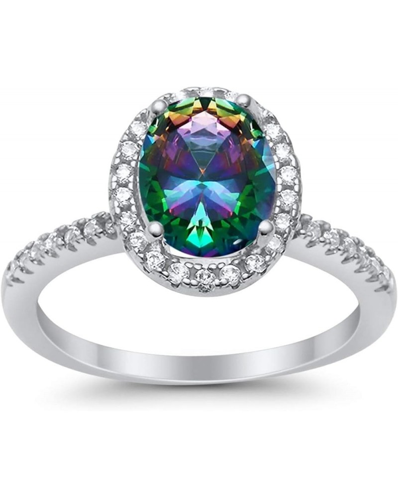 Solitaire Accent Engagement Ring Halo Oval Simulated Round Cubic Zirconia 925 Sterling Silver Choose Color Simulated Rainbow ...