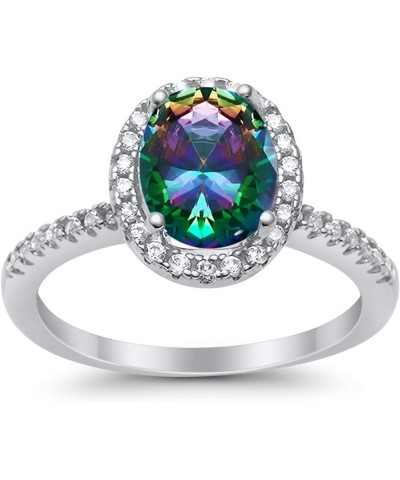 Solitaire Accent Engagement Ring Halo Oval Simulated Round Cubic Zirconia 925 Sterling Silver Choose Color Simulated Rainbow ...