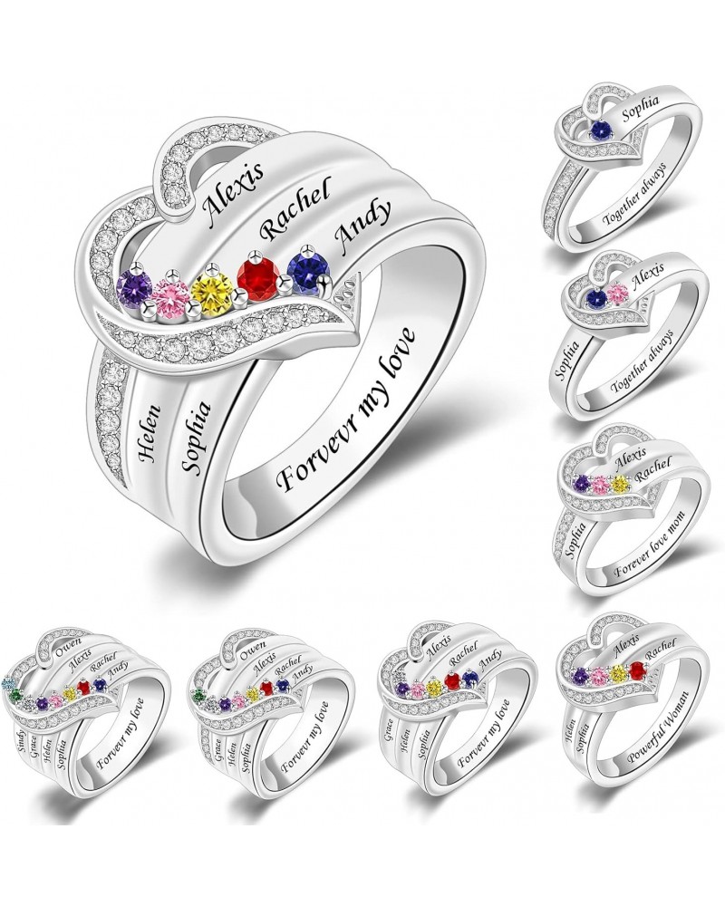 Custom Family Rings With Birthstones Personalized Sterling Silver Mother Birthstone Ring for Women Heart Name Ring with 1-8 K...