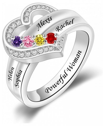 Custom Family Rings With Birthstones Personalized Sterling Silver Mother Birthstone Ring for Women Heart Name Ring with 1-8 K...