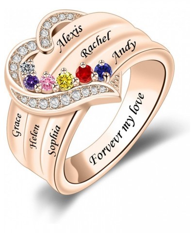 Custom Family Rings With Birthstones Personalized Sterling Silver Mother Birthstone Ring for Women Heart Name Ring with 1-8 K...