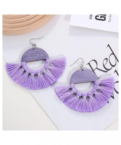 Bohemian Large Circle Wooden Tassel Dangle Earrings with Cotton Thread Fringe Drop Statement Jewelry for Women… Violet $9.00 ...