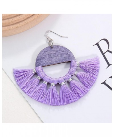 Bohemian Large Circle Wooden Tassel Dangle Earrings with Cotton Thread Fringe Drop Statement Jewelry for Women… Violet $9.00 ...