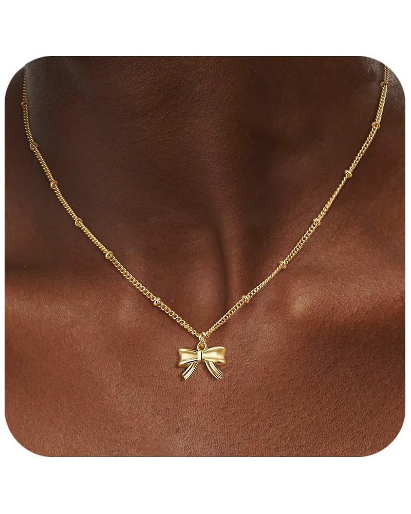 Bow Necklace for Women, Dainty 14K Gold Plated Bowknot Choker Necklace Silver Necklace for Women Beads Chain Cute Pendant Nec...