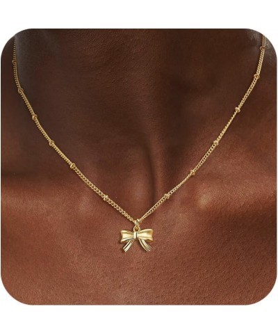 Bow Necklace for Women, Dainty 14K Gold Plated Bowknot Choker Necklace Silver Necklace for Women Beads Chain Cute Pendant Nec...