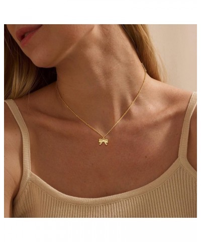 Bow Necklace for Women, Dainty 14K Gold Plated Bowknot Choker Necklace Silver Necklace for Women Beads Chain Cute Pendant Nec...