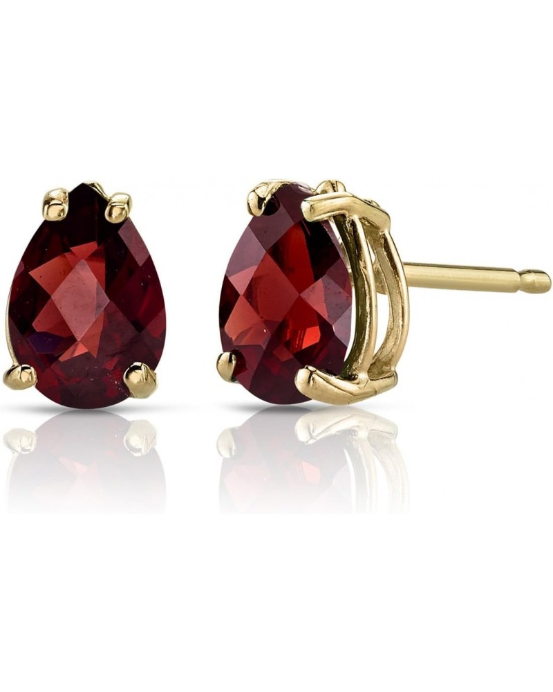 14K Yellow Gold Garnet Earrings for Women, Genuine Gemstone Solitaire Studs, 7x5mm Pear Shape, 1.75 Carats total, Friction Ba...