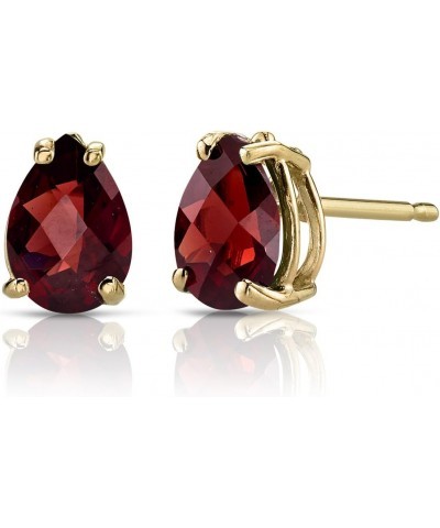 14K Yellow Gold Garnet Earrings for Women, Genuine Gemstone Solitaire Studs, 7x5mm Pear Shape, 1.75 Carats total, Friction Ba...