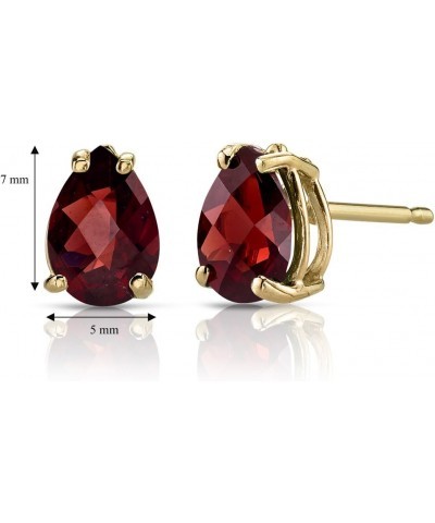 14K Yellow Gold Garnet Earrings for Women, Genuine Gemstone Solitaire Studs, 7x5mm Pear Shape, 1.75 Carats total, Friction Ba...