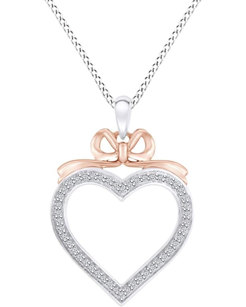 White Natural Diamond Heart Pendant Necklace for women in 925 Sterling Silver and 10K Rose Gold Bow Heart rose-gold-and-sterl...