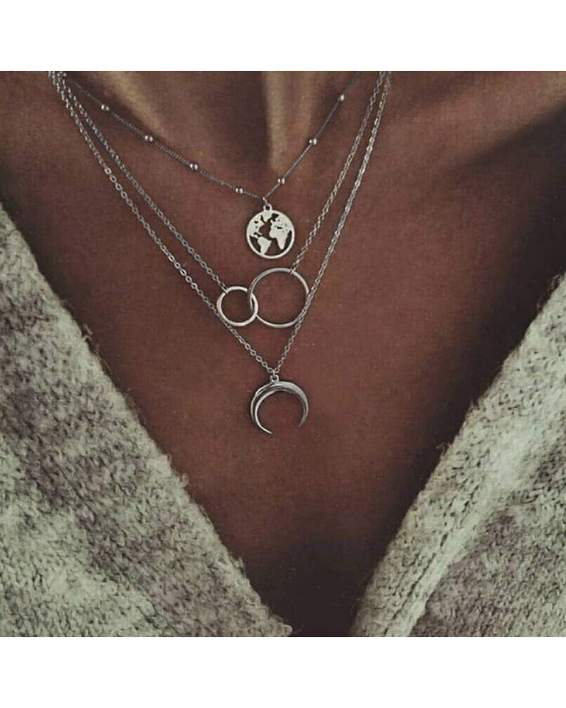 2 Tier Boho Dainty Layered Necklace Moon Necklaces Map Pendant Silver Gold Jewelry Stackable Choker Necklaces for Women and G...