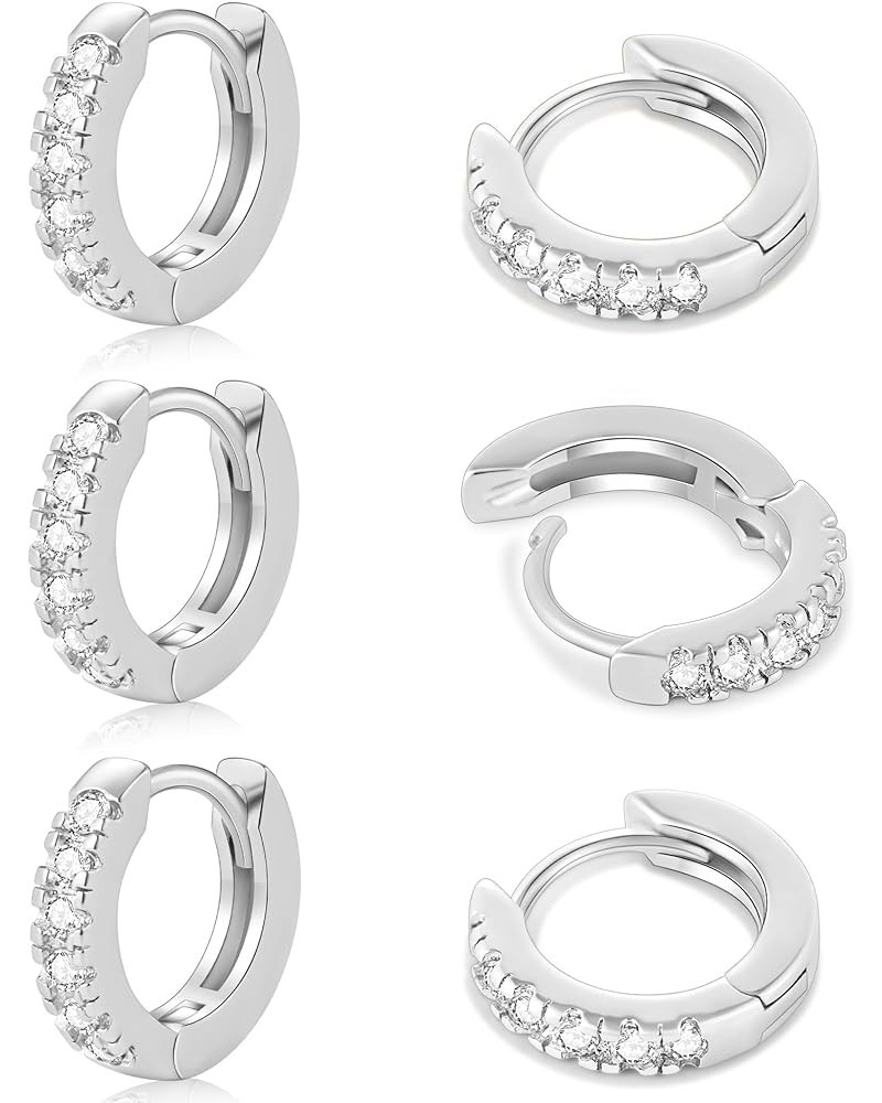 3 Pairs Small Hoop Earrings Tiny Cartilage Earrings Cubic Zirconia Earrings White Gold Plated Huggie Hoop Ear Piercing Earrin...