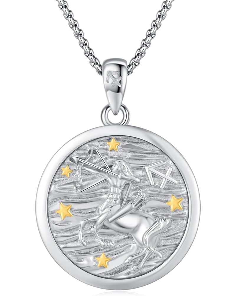 Zodiac Necklace 925 Sterling Silver White Gold Constellation Coin Pendant Necklace,Embossed Horoscope Astrology Zodiac Jewelr...