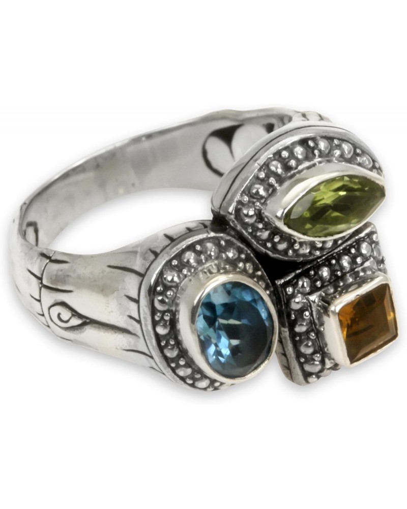 Artisan Handmade Multigemstone Cocktail Ring Balinese .925 Sterling Silver Citrine Blue Topaz Peridot Green Multicolor Yellow...